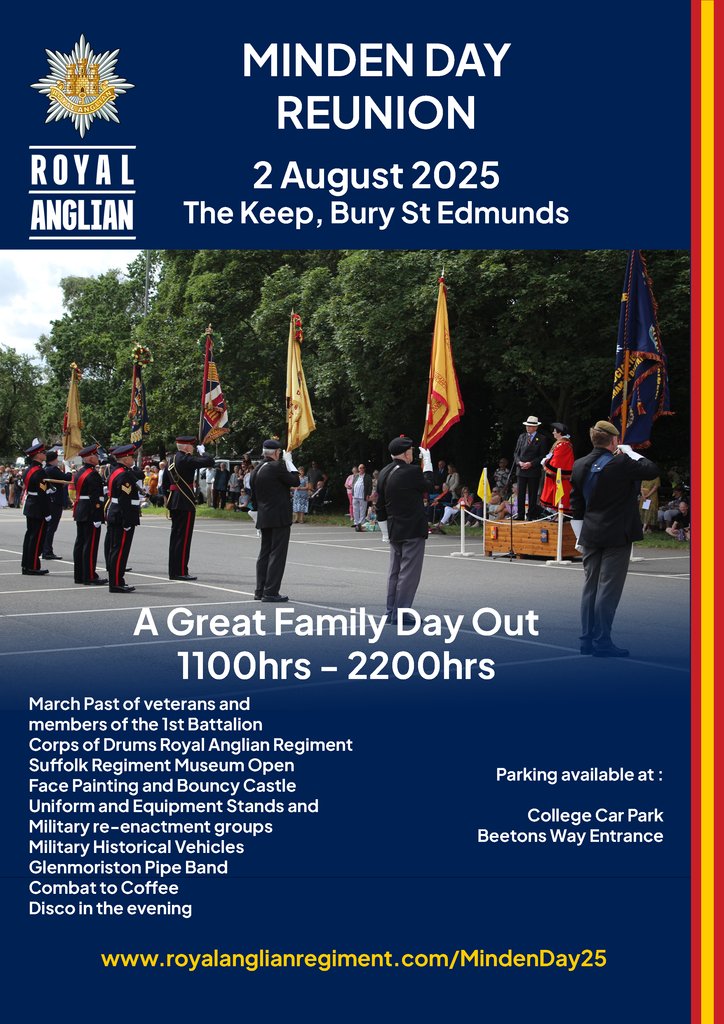 Minden Day Reunion 2 August 2025. 1100hrs – 2200hrs

Come along to our Minden Day Reunion event at The Keep in Bury St Edmunds, home our our Regimental Headquarters. Entertainment all day, with a disco in the evening. 

#RoyalAnglian #StrengthfromWithin #Veterans #BuryStEdmunds