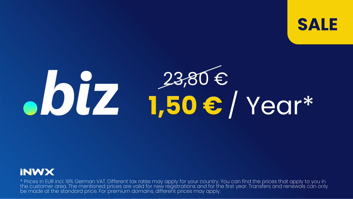 .BIZ Flash Sale bei INWX! 💼 🎉
Bis zum 14. Juli gibt es .BIZ-Domains bei uns zum Sonderpreis für nur 1,50 EUR.
Sichere dir jetzt Deine .BIZ Domain, um professionell durchzustarten – ideal für Business, Shops &amp; Gastro.
👉 inwx.de/biz-domain