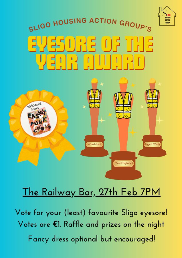 The first  ever Sligo Eyesore of the Year award took place on Thursday, 27th  February, in the lively atmosphere of the Railway Bar. To the rousing  beat of the Easkey Punk Choir, the votes from the enthusiastic crowd  were eagerly counted, creating