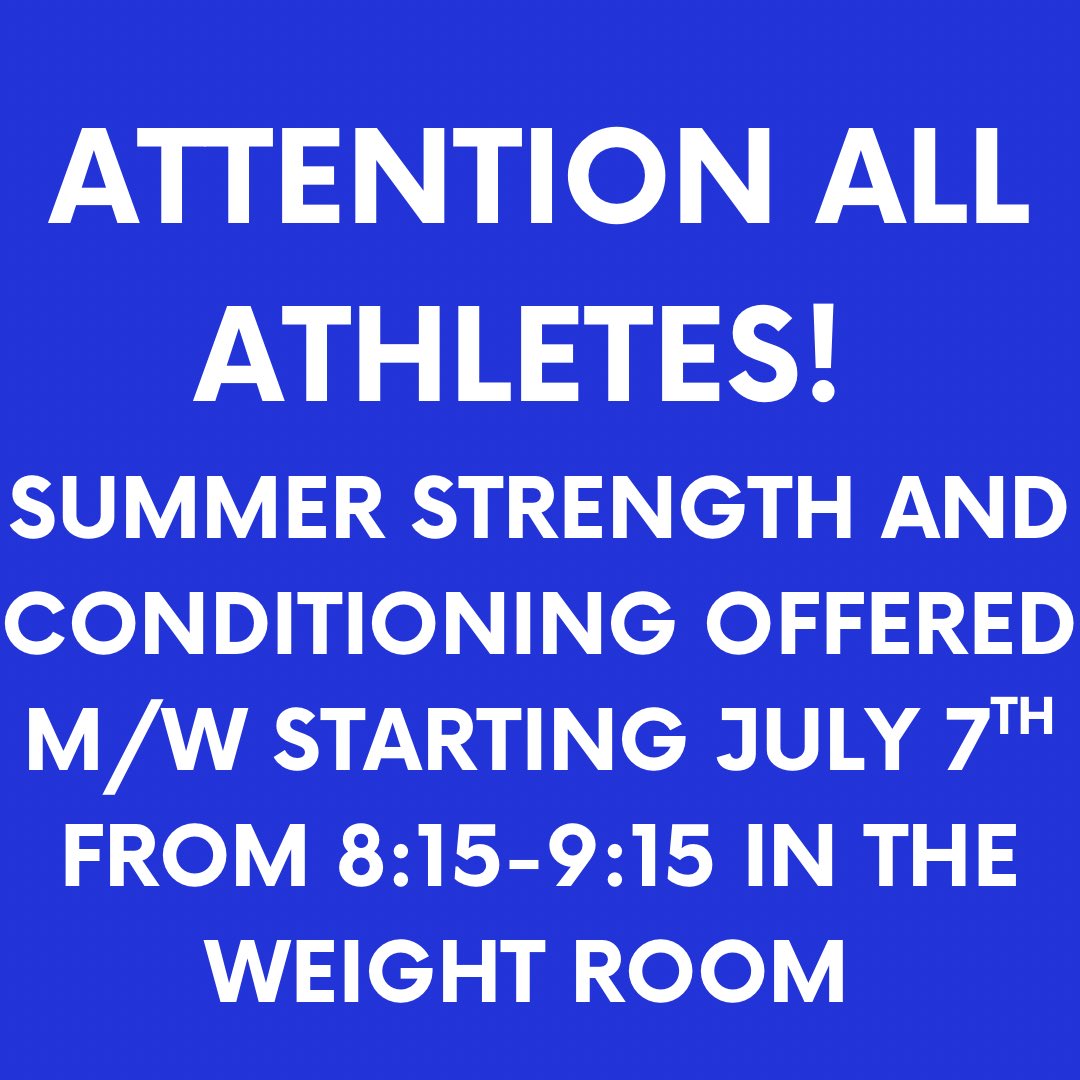 Join Coach Erica this summer to work on your strength in the weight room! Be sure to bring appropriate sneakers, water, and a filled out release form which can be found on the athletics website or from your coach.