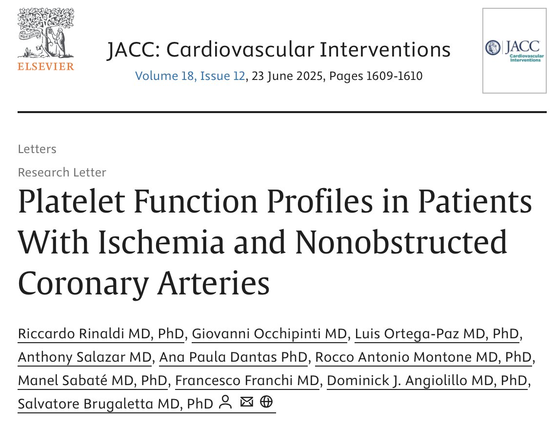 Riccardo Rinaldi (@riccardo_rin) on Twitter photo #INOCA patients showed significantly lower platelet-related thrombus formation vs Obstructive CAD.
These findings suggest a different thrombotic risk profile and challenge routine antiplatelet use in #INOCA.
📖 Full article in #JACC: sciencedirect.com/science/articl…
<a href="/drgocchipinti/">Giovanni Occhipinti</a> #INOCA patients showed significantly lower platelet-related thrombus formation vs Obstructive CAD.
These findings suggest a different thrombotic risk profile and challenge routine antiplatelet use in #INOCA.
📖 Full article in #JACC: sciencedirect.com/science/articl…
<a href="/drgocchipinti/">Giovanni Occhipinti</a>