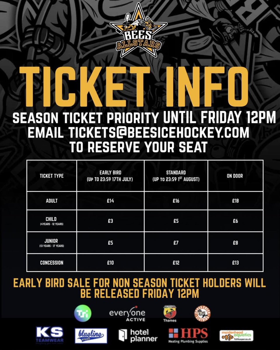 🎟️BEES ALL STARS TICKET INFORMATION 🎟️

Tickets are now available to season ticket holders, with seats being reserved until 12pm on Friday!

Get ready for an unforgettable event — the countdown is on, and you won’t want to miss it! 🎉

Whether you're a die-hard bees fan or just