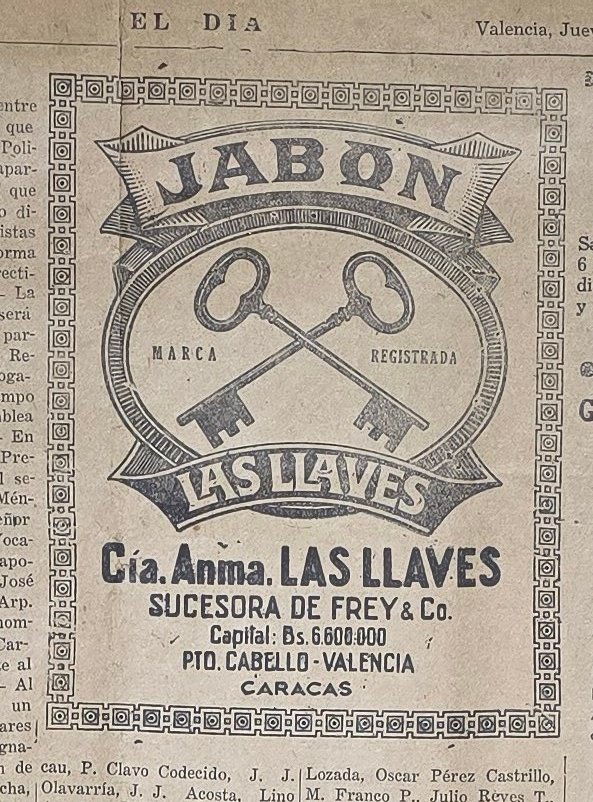 Publicidad de Jabón Las Llaves en un periódico de Valencia en noviembre de 1947.