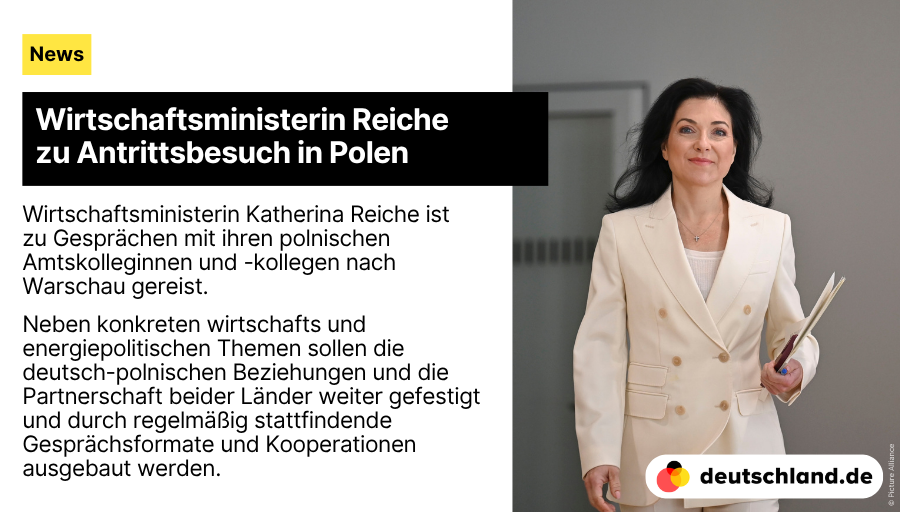+++ Wirtschaftsministerin Reiche zu Antrittsbesuch in Polen

🇩🇪 Hier findest du die wichtigsten Informationen über die #Außenpolitik und internationalen Beziehungen Deutschlands.

👉spkl.io/6019AB4HL

#NewsDE #KatharinaReiche