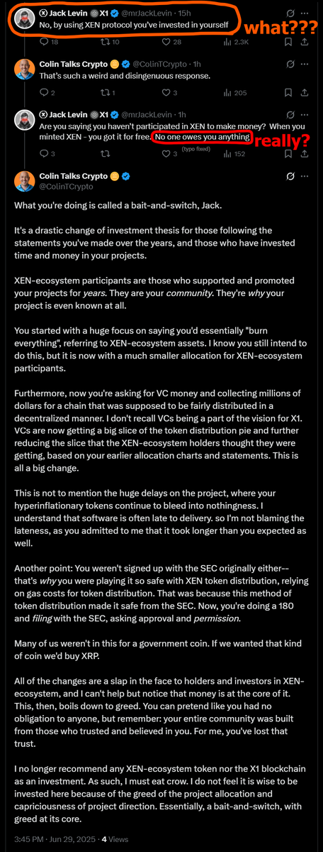 ColinTCrypto's tweet image. ⚠️ Warning:  XEN and X1 ⚠️

I don't like to make posts like this but I have to call out dishonesty when I see it.

@MrJackLevin, the creator of XEN and X1, lied to his community, and bait-and-switched them.

If you've been buying $XEN tokens or XEN-ecosystem tokens (XEN, VMPX,…