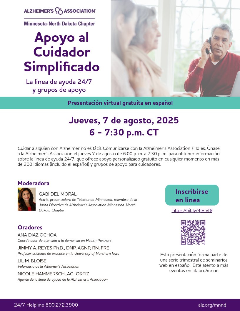 🧠 La Alzheimer’s Association MN-ND ofrece una presentación virtual gratuita en español: Apoyo al Cuidador Simplificado

📅7 de Agosto 6 - 7:30 PM
📲Regístrate aquí: bit.ly/4lEfvf8
📞 Línea de ayuda: 800.272.3900
🌐 Más info: alz.org/mnnd