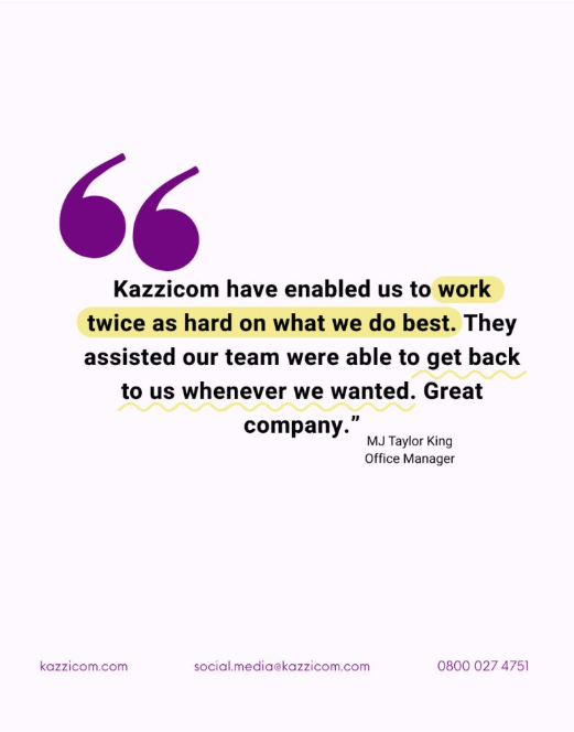 Kazzicom's tweet photo. 💜 We clean up issues or find lost inefficiencies, simply so you have more time and better resources to do what you do.

👏 Thanks to MJ Taylor King for this testimonial.

✅ Flexible contract or Ad-hoc working options
✅ 24/7 Support 
✅ Maximise Your HR Systems

#Testimonial https://t.co/A4QPQYkbwZ