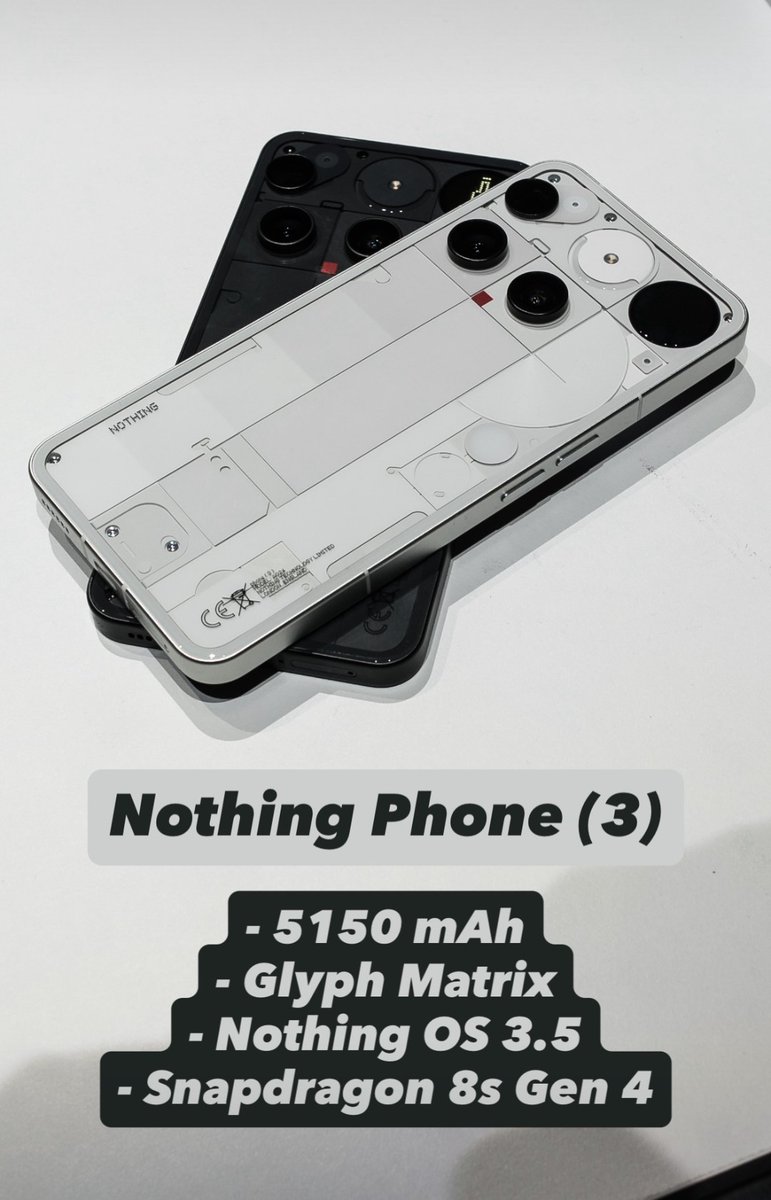 alexa45672's tweet photo. 💥 FLAGSHIP POWER: Nothing Phone (3) packs Snapdragon 8s Gen 4, massive 6.77" LTPO OLED display, 5,150mAh battery with 100W charging! Triple 50MP cameras including periscope lens. Premium materials meet bold design! #NothingEvent #PhoneLaunch https://t.co/zQgrmpaZne