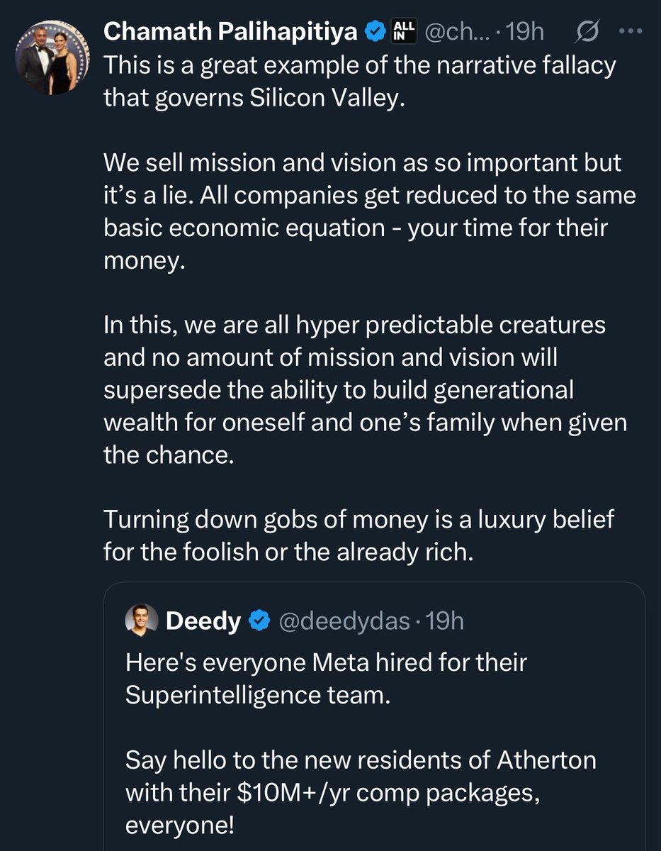 Mission and vision DO matter.

This post is itself is a victim of narrative fallacy. It relies on the availability heuristic to assume that “no amount of mission and vision will supersede” a big bag of money, because the only announcements we’ve seen are from the people who chose