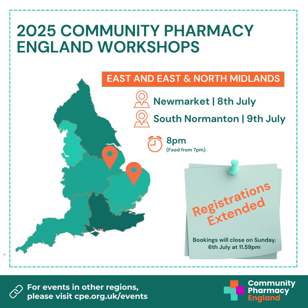 Community Pharmacy England (@compharmengland) on Twitter photo 📣 Attention to Eastern and East and North Midlands Pharmacy Owners 📣
There’s still time to book your place at a Future of Pharmacy workshop.  Registration deadline extended to Sunday 6th July.
Secure your place now 🔗 bit.ly/3T4nLrH 📣 Attention to Eastern and East and North Midlands Pharmacy Owners 📣
There’s still time to book your place at a Future of Pharmacy workshop.  Registration deadline extended to Sunday 6th July.
Secure your place now 🔗 bit.ly/3T4nLrH
