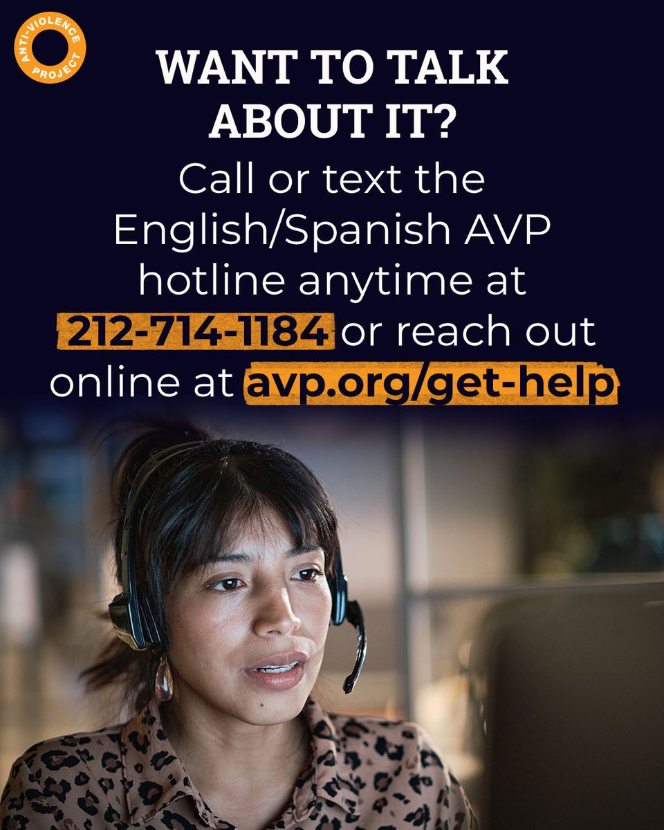 AVP is here for community members who experienced the scary aftermath of the shooting incident outside of Stonewall on Pride night. 
📞 Call or text the English/Spanish AVP hotline anytime at 212-714-1184 or reach out online at avp.org/get-help