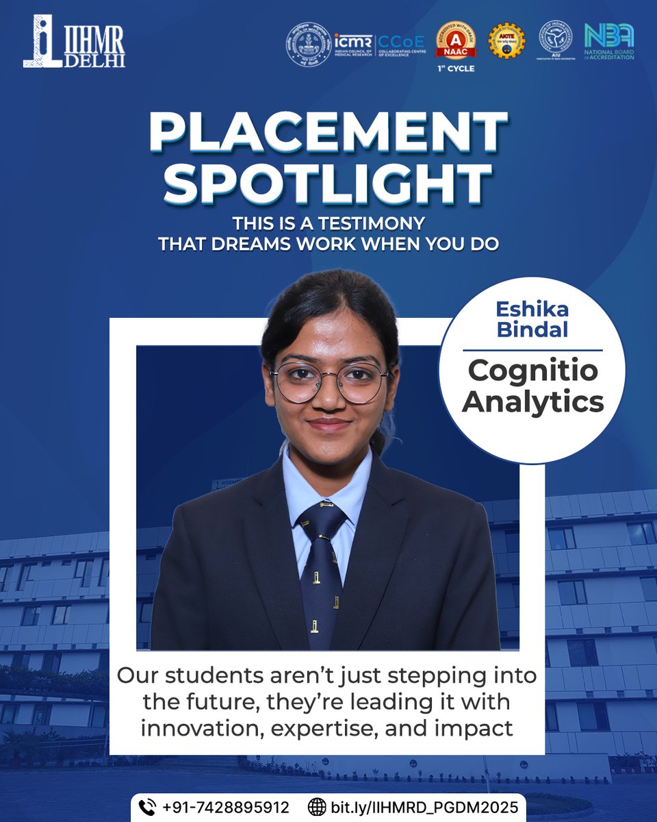 Congratulations to Eshika Bindal on her placement at Cognitio Analytics! Her journey of hard work and passion is a true success story.

At IIHMR Delhi, we're proud to guide future leaders in healthcare analytics. Now it’s your turn.

🔗 Apply here 
iihmrdelhi.edu.in