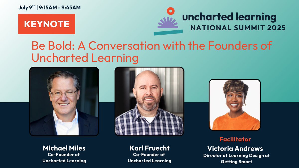 incubatoredu's tweet image. What does it take to be bold?
At #ULSummit2025, Uncharted Learning co-founders Michael Miles & @karlfruecht join @Getting_Smart’s Victoria Andrews to share how bold thinking—and a belief in what students are truly capable of through entrepreneurship—sparked a lasting impact.