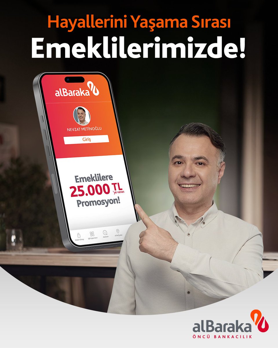 Hayallerini Yaşayan Emekliler Albaraka'da!

Siz de hemen emekli maaşınızı Albaraka'ya taşıyın, 25.000 TL'ye varan promosyon fırsatını kaçırmayın.

Detaylı bilgi için web sitemizi ziyaret edin. 📍

#AlbarakaTürk #EmeklilikHaftası #EmekliPromosyon