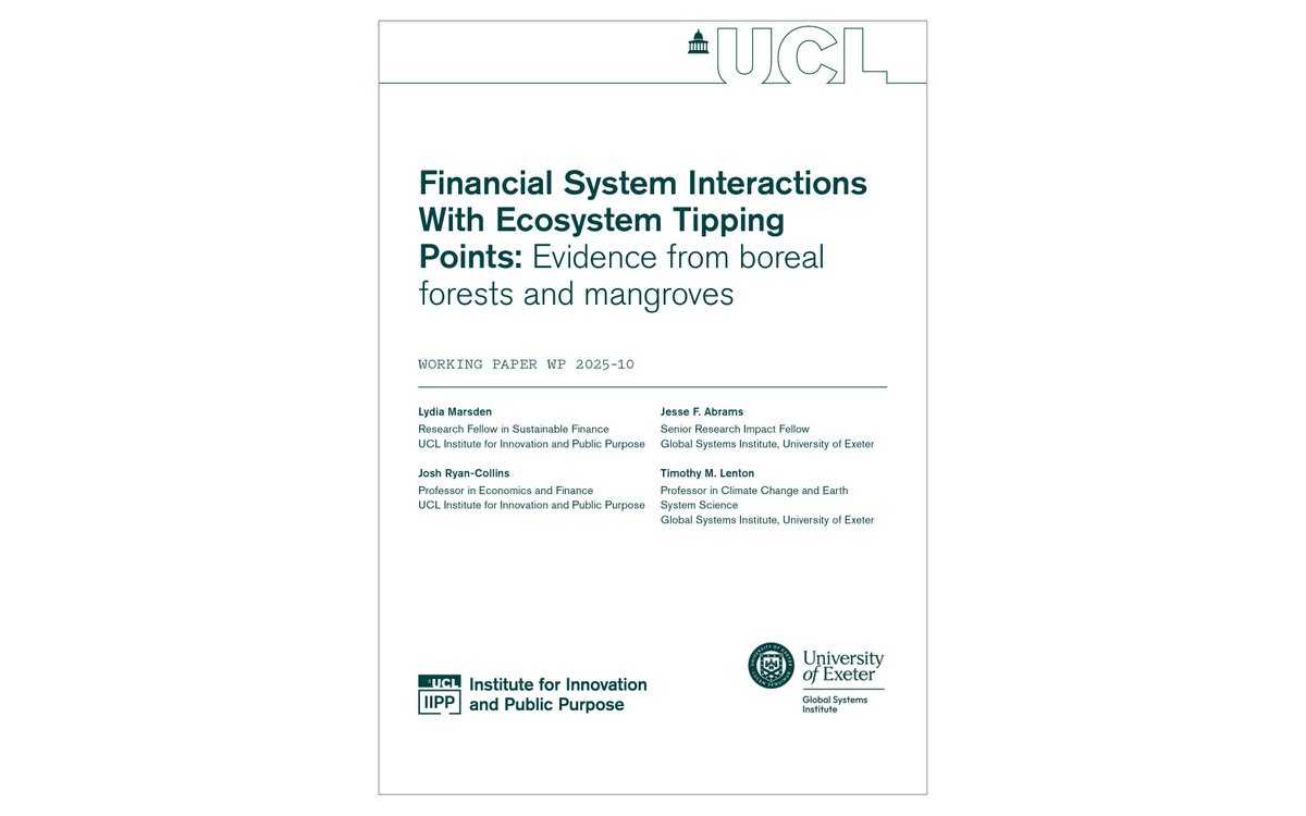 UCL Institute for Innovation and Public Purpose (@iipp_ucl) on Twitter photo 🌳 Financial System Interactions With Ecosystem Tipping Points
The latest paper by <a href="/IIPP_UCL/">UCL Institute for Innovation and Public Purpose</a>'s <a href="/jryancollins/">josh ryan-collins</a> and Lydia Marsden maps financial flows to companies linked to land-use change and degradation in two at-risk ecosystems.
✍️ Read their paper: buff.ly/scOdUUJ 🌳 Financial System Interactions With Ecosystem Tipping Points
The latest paper by <a href="/IIPP_UCL/">UCL Institute for Innovation and Public Purpose</a>'s <a href="/jryancollins/">josh ryan-collins</a> and Lydia Marsden maps financial flows to companies linked to land-use change and degradation in two at-risk ecosystems.
✍️ Read their paper: buff.ly/scOdUUJ