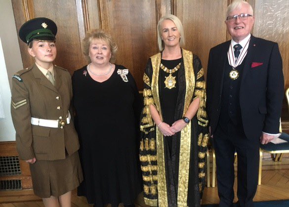 BLieutenancy's tweet image. HM Lord Lieutenant, Professor Alastair Adair CBE DL and Cadet Zara Dickson were honoured to join The Lord Mayor of Belfast Cllr Tracy Kelly at The Somme Commemoration at Belfast's City Hall @belfastcc. A poignant occasion. We will Remember them.