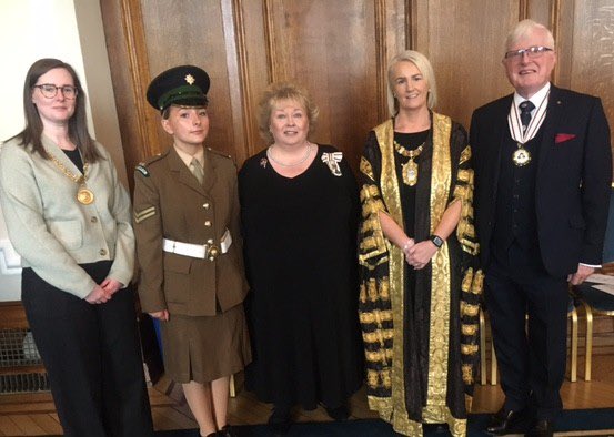 BLieutenancy's tweet image. HM Lord Lieutenant, Professor Alastair Adair CBE DL and Cadet Zara Dickson were honoured to join The Lord Mayor of Belfast Cllr Tracy Kelly at The Somme Commemoration at Belfast's City Hall @belfastcc. A poignant occasion. We will Remember them.