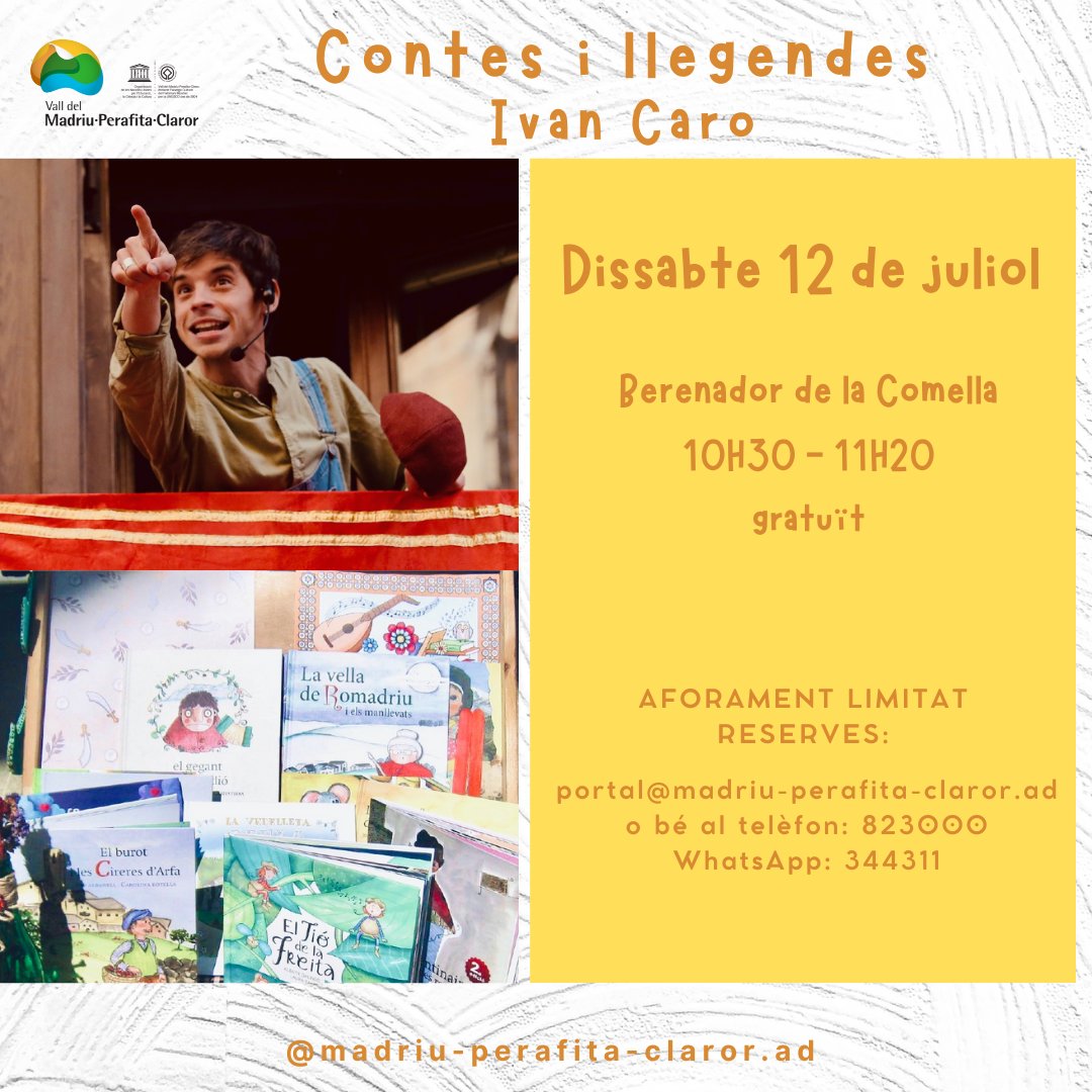 🗓️dissabte 12 de julio: "Contes i llegendes"
Acompanya’ns, de la mà d’Ivan Caro en un viatge musical i teatral ple d’aventures i emocions on el públic es un aliat més de l’espectacle.
Per més informació i reserves: madriu-perafita-claror.ad/activitats/con…