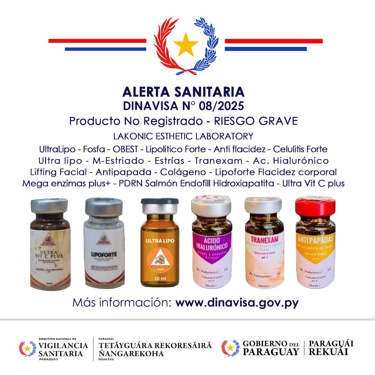 #DINAVISApy informa que se detectó la comercialización ilegal de inyectables, soluciones estériles, cremas, geles, exfoliantes, limpiadores y serum en redes sociales,  bajo la denominación Lakonic Esthetic Lab.  1/5
