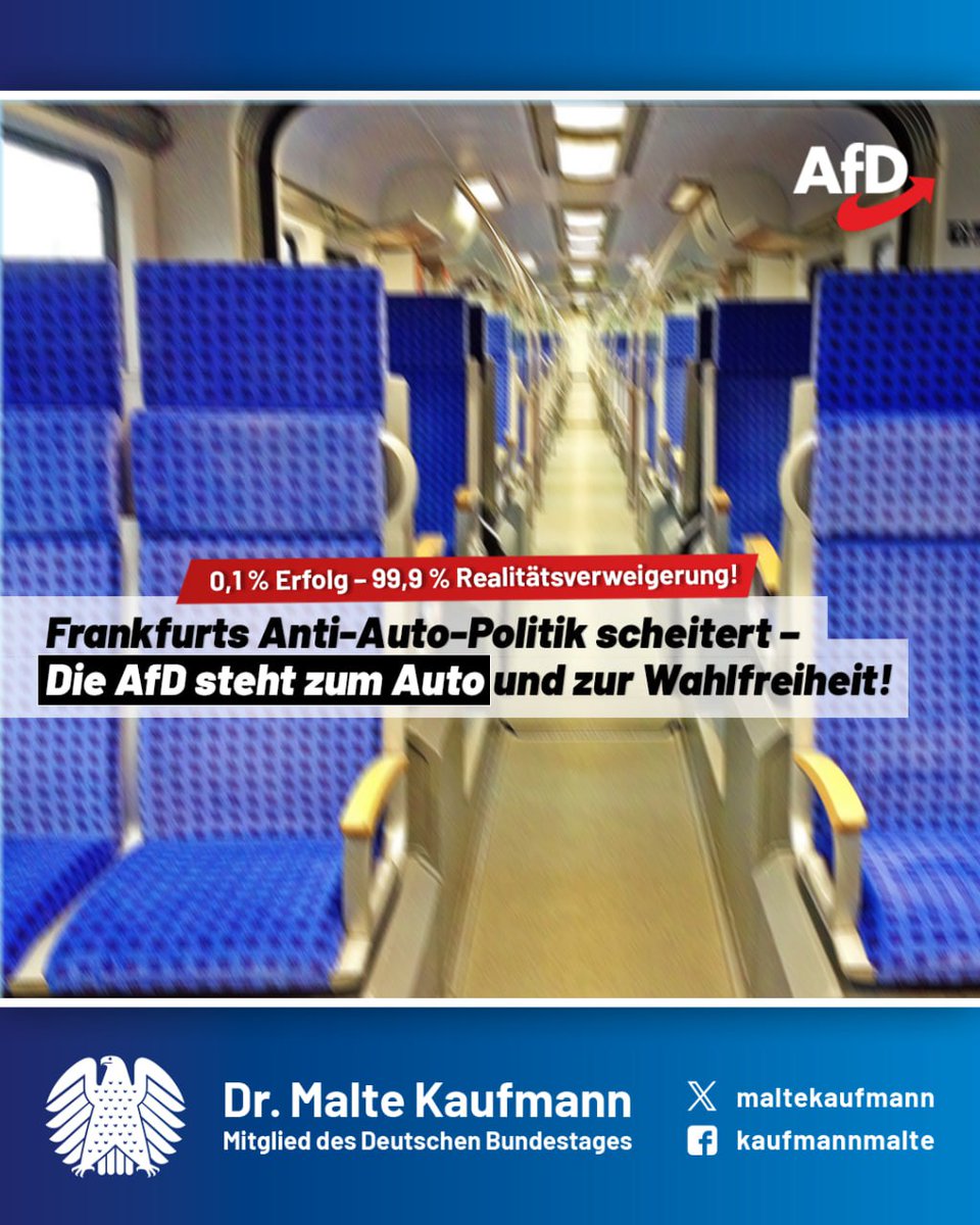 „Grüne Verkehrswende“ entlarvt sich als realitätsferner Irrweg: 575 von über 346.000 Frankfurtern tauschen ihr Auto gegen ein Bahnticket – ein ernüchterndes Ergebnis!

Statt der angekündigten #Verkehrswende droht der nationale Verkehrskollaps. Die #AfD setzt dagegen auf