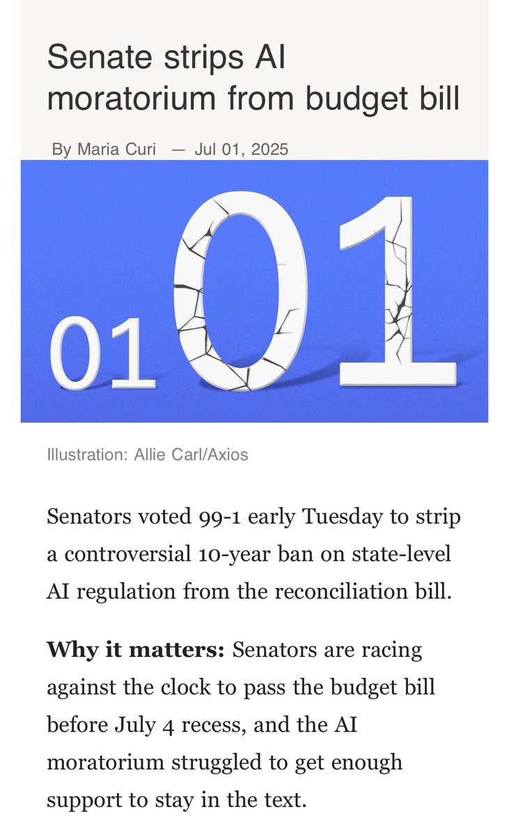 m_ccuri's tweet image. AI moratorium is out.
Blackburn offered the amendment with Cantwell.
Cruz suggested adopting Blackburn's amendment by voice vote, saying he regretted that they were unable to reach an agreement, but Blackburn asked for a recorded vote.