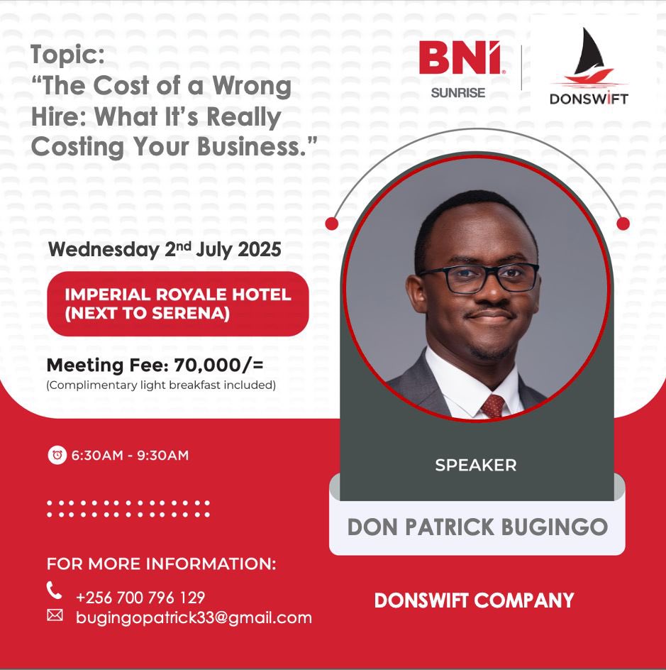 🎯 Tomorrow morning I’m delivering my feature presentation at <a href="/BniSunriseUg/">BNI Sunrise Kampala</a> 

“The Cost of a Wrong Hire ; What It’s Really Costing Your Business”

If you’ve ever hired wrong, you already know the pain.

🕖 6:30 AM EAT
📍Imperial Royale Hotel 

This one is a crucial one,