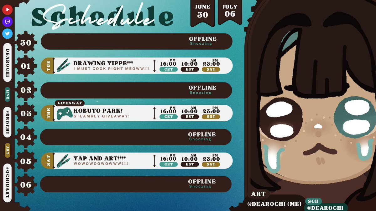 DearOchii's tweet photo. 🗓️꒰ Schedule || JULY 01-06 ꒱🗓️
·  ·  ·  ·  ·  ·  ·  ·  ·  · ✦ ·  ·  ·  ·  ·  ·  ·  ·  ·  ·
🟣Streams will be on Twitch !!  
🎨: @/me
  ·  ·  ·  ·  ·  ·  ·  ·  ·  · ✦ ·  ·  ·  ·  ·  ·  ·  ·  ·  · 
Stream : #BrochiClips
Clips : #OhOchi
Fanart : #Ochiuart https://t.co/hamawvNdES