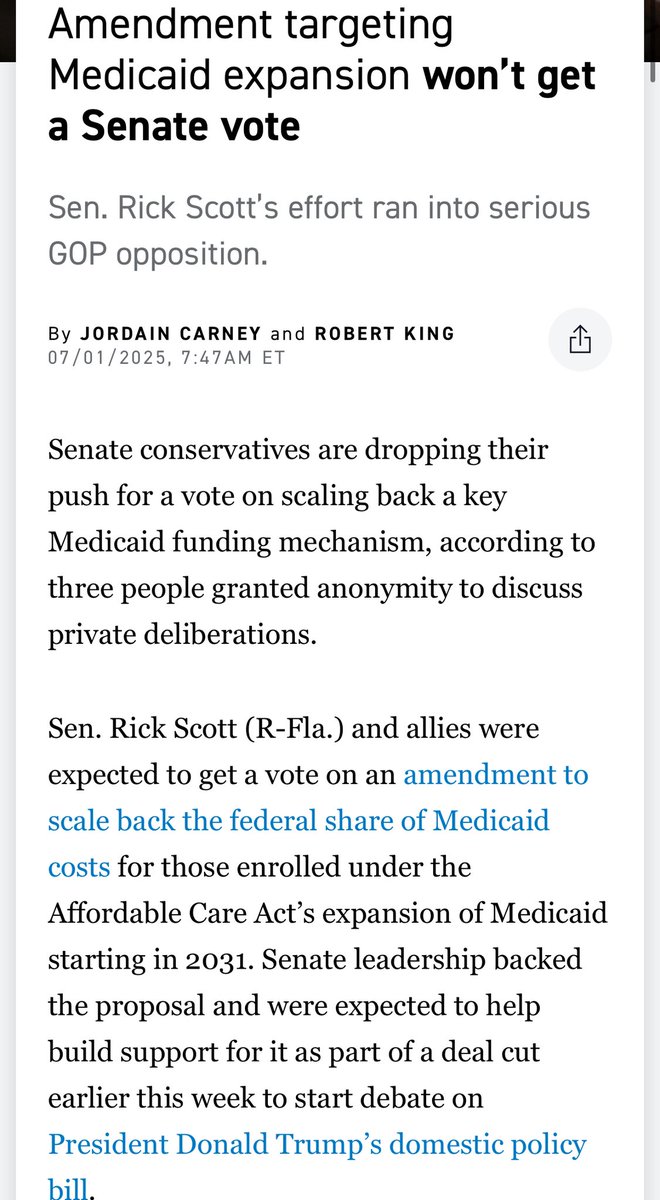 In a sign of how this is all trending, Thune called Rick Scott’s push for deeper Medicaid cuts “really good policy” that would get a lot of GOP support less than two days ago. Now the amendment won’t even get a vote politico.com/live-updates/2…