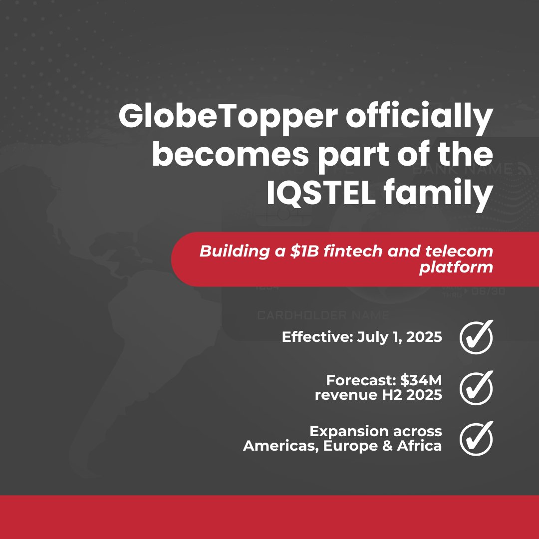 iQSTEL Inc. (OTCQX: IQST) (@iqstel) on Twitter photo $IQST - $IQSTEL 🔔 Today, <a href="/GlobeTopper/">GlobeTopper</a> officially joins #IQSTEL. A strategic step in our global #fintech expansion across the Americas, Europe & Africa.
🔗lnkd.in/d6XHAwUx
#IQST #NASDAQ #StocksToWatch #StockMarket #ShareholderUpdate #future #telecom #AI #cybersecurity $IQST - $IQSTEL 🔔 Today, <a href="/GlobeTopper/">GlobeTopper</a> officially joins #IQSTEL. A strategic step in our global #fintech expansion across the Americas, Europe & Africa.
🔗lnkd.in/d6XHAwUx
#IQST #NASDAQ #StocksToWatch #StockMarket #ShareholderUpdate #future #telecom #AI #cybersecurity