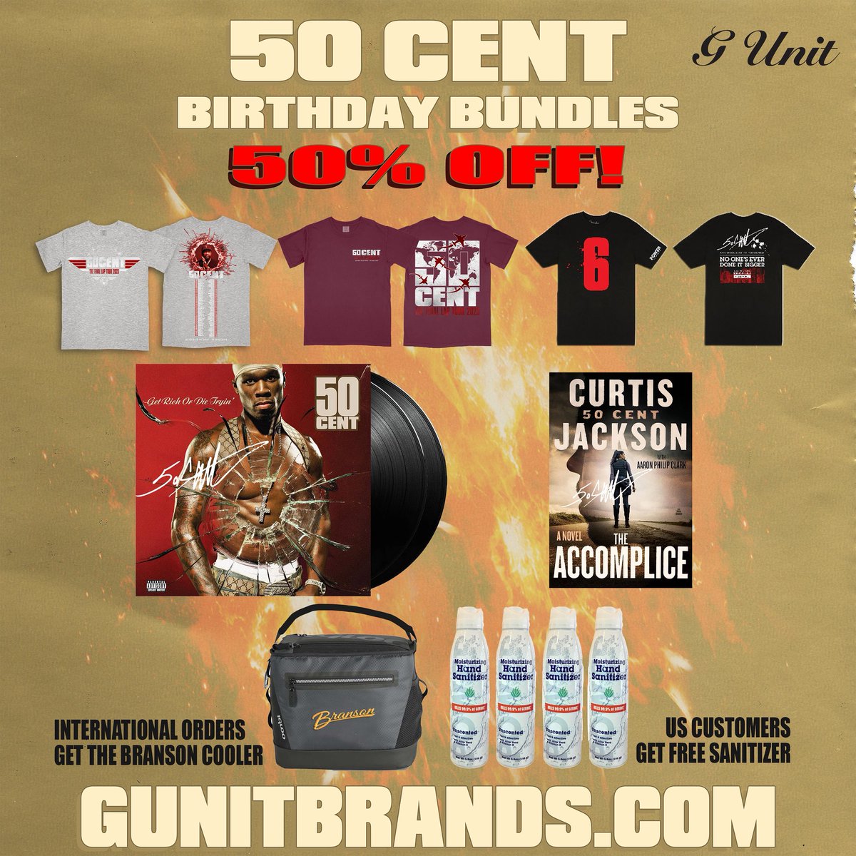 50cent's tweet image. 50 Cent Birthday Bundle Deal Starts Now 🔥 50% OFF ‼️
Get an autographed GRODT album, signed Accomplice hard cover book, an MSG tee & a Final Lap Tour tee all for 50% OFF! Shop Now • gunitbrands.com/products/50-bi…