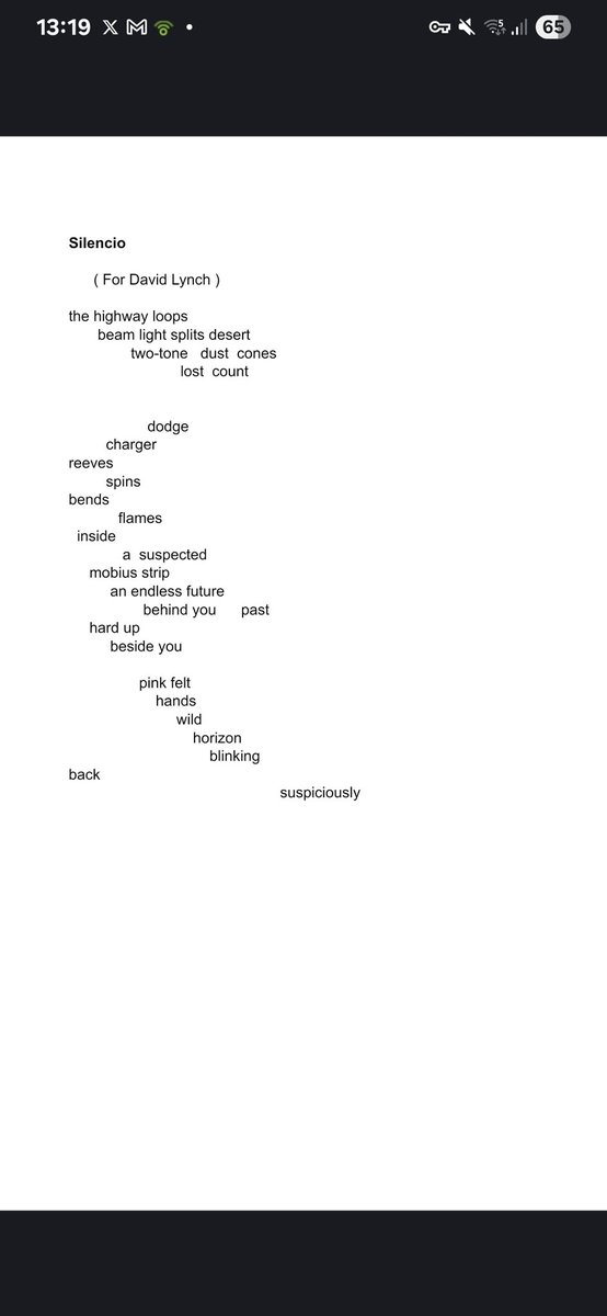Julian Day (@juliand86666247) on Twitter photo A 42-word exactly poem - imagist, of course - on the theme SILENCE. Thanks for this week's brief, Sue! <a href="/soopoftheday/">Sue Finch (she/her)</a>
<a href="/TopTweetTuesday/">TopTweetTuesday</a>
<a href="/MatthewMCSmith/">Matthew M C Smith</a>
This is my slant movie elegy SILENCIO
upon the passing of #DavidLynch
#movies #poetrycommunity A 42-word exactly poem - imagist, of course - on the theme SILENCE. Thanks for this week's brief, Sue! <a href="/soopoftheday/">Sue Finch (she/her)</a>
<a href="/TopTweetTuesday/">TopTweetTuesday</a>
<a href="/MatthewMCSmith/">Matthew M C Smith</a>
This is my slant movie elegy SILENCIO
upon the passing of #DavidLynch
#movies #poetrycommunity
