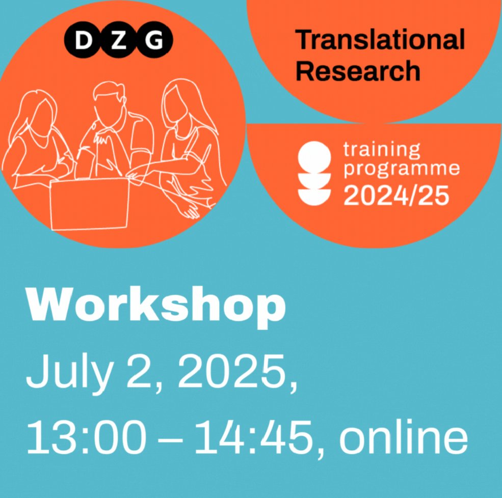 📢🔜 DZG Training Programme Translational Research

Workshop: Potential partners on the way through the translational pipeline
📅 July 2, 2025, 13:00 – 14:45 
📍 online (via Zoom)
👉 programme &amp; registration: t1p.de/DZG-Translatio…