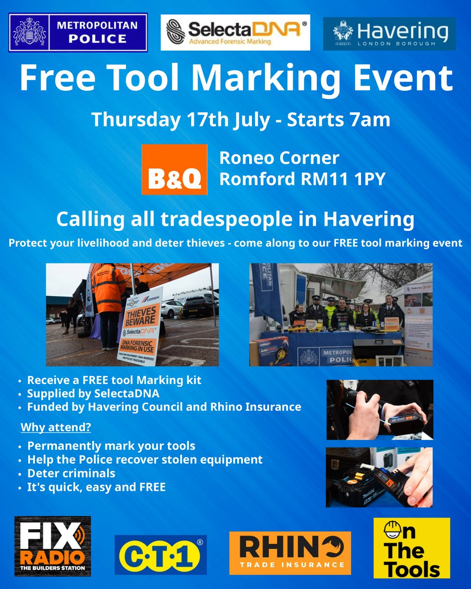 A date for your diaries!

FREE Tool Marking Event
Thursday, 17 July. 

#HaveringCouncil #CommunityFightingCrime