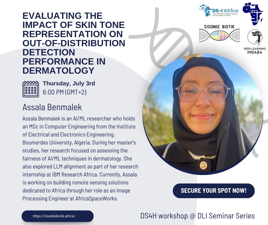 Join us for session 3 of our #AI4Health seminar series

🧠 Evaluating the Impact of Skin Tone Representation on Out-of-Distribution Detection Performanxe in Dermatology

🎙️Speaker: <a href="/AssalaBenmalek/">Benmalek Assala</a> 
🗓️ Thurs, 3rd of July | 6PM GMT +2
🔗 Register now: cassyni.com/events/7G2u56A…