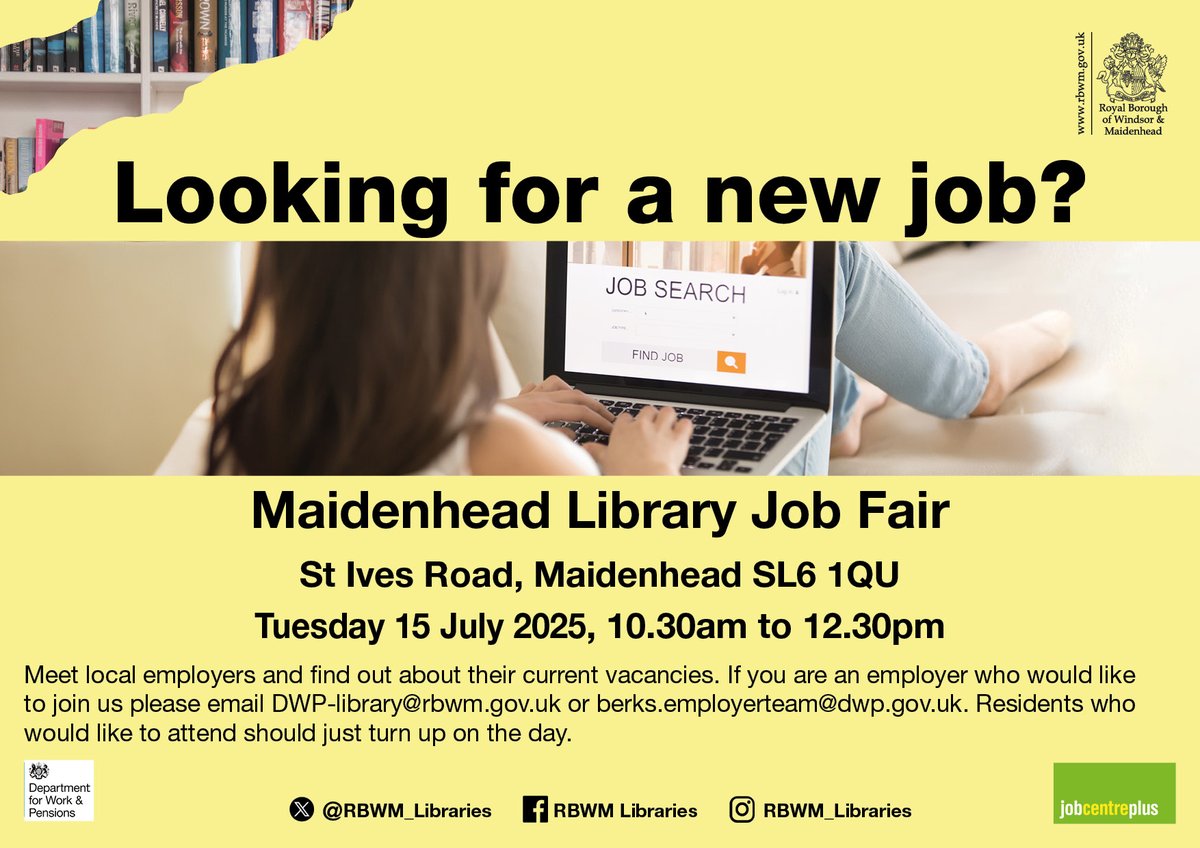 Explore career opportunities at the ~#Maidenhead Job Fair—hosted at the library with diverse #employers in attendance along with careers support, advice and guidance