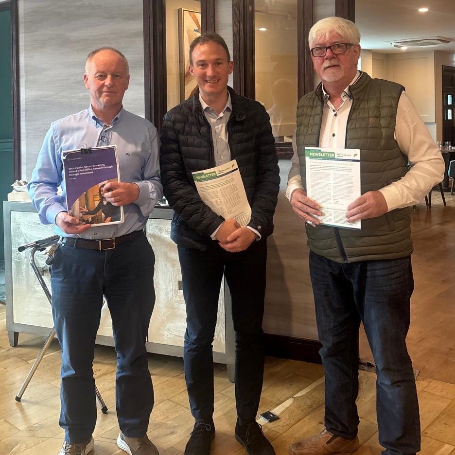 IrishPostmaster's tweet image. Positive meeting with Minister @Alan_Dillon, joined by Kevin O'Toole from Tourmakeady Post Office. We clearly delivered our message about the need for vital investment to protect Ireland’s post offices and highlighted their importance to communities nationwide. #IrishPostmasters