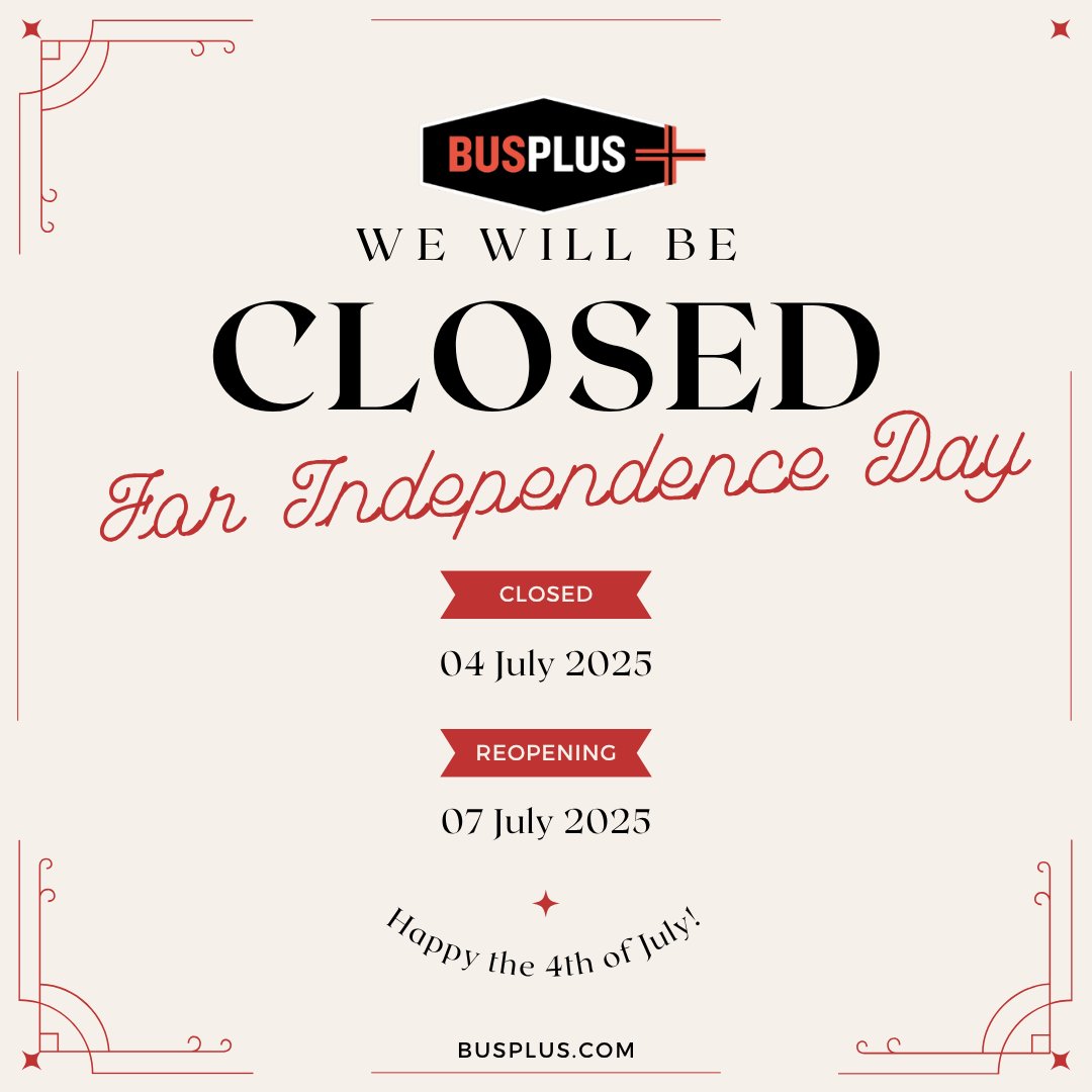 In honor of Independence Day, our offices will be closed on July   4th. 🎆

We wish you a safe and joyful holiday as we celebrate the red, white, and   blue! 🇺🇸

#4thofjuly #closed #independenceday #celebrate #holiday #busplus