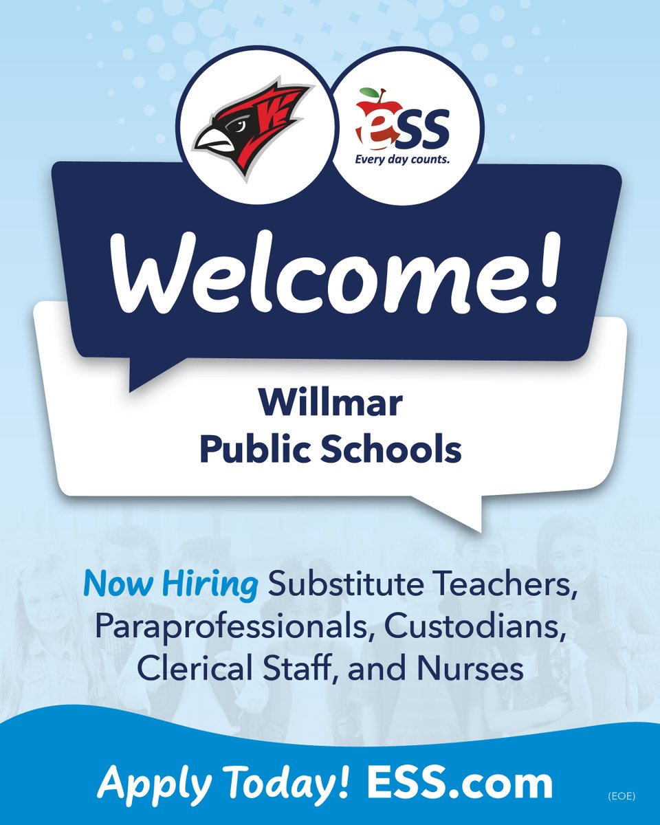 🎉 We want YOU to join the amazing team of substitutes at Willmar Public Schools through ESS! Whether you're already a valued sub or interested in getting started, we’d love to hear from you.

📧 Reach out to Jessica Johnson at JJohnson@ess.com
🌐 Or apply online today at
