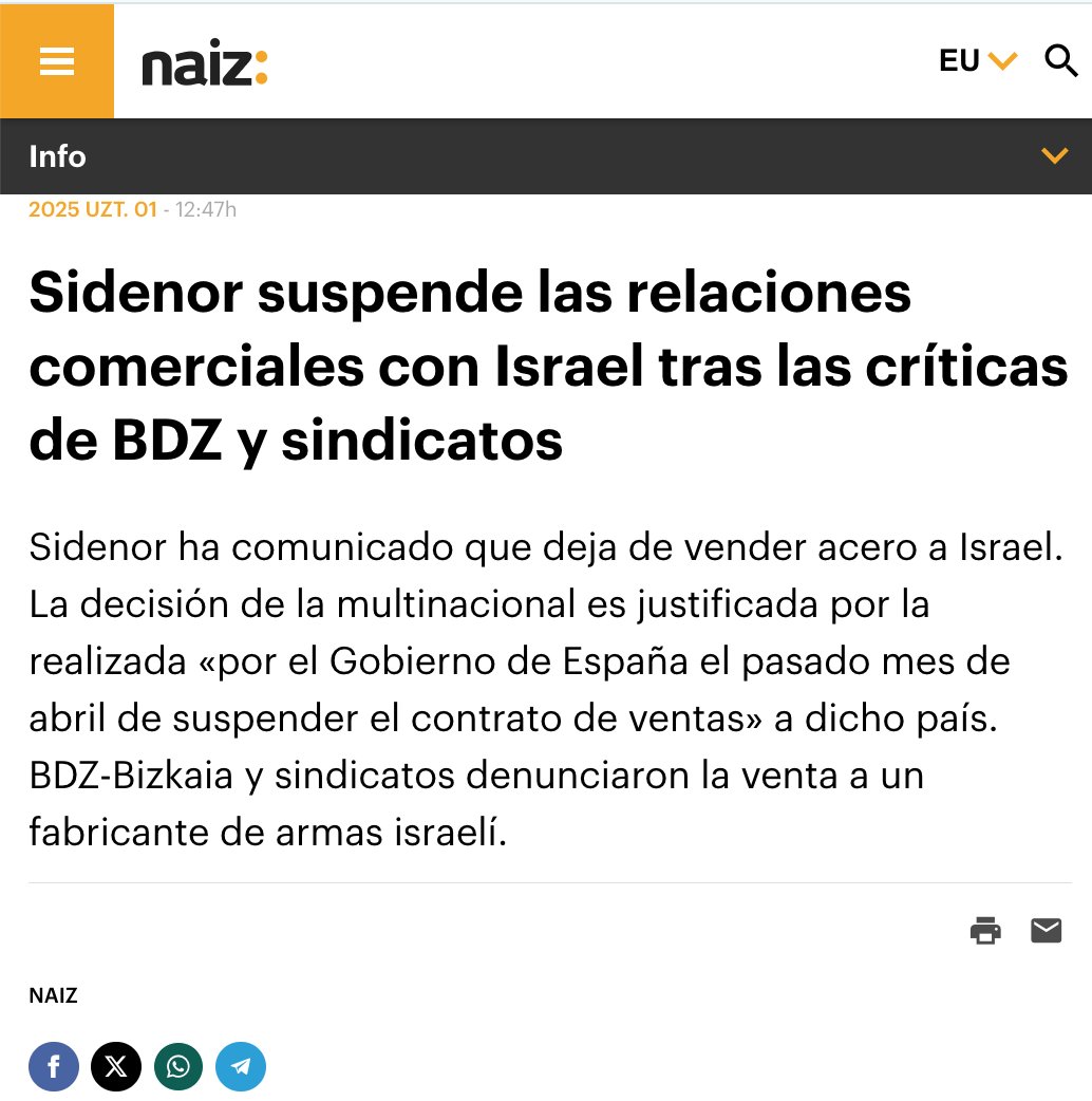 BDZDonostia (@bdz_donostia) on Twitter photo Sidenor suspende las relaciones comerciales con Israel tras las críticas de BDZ y sindicatos
Sidenor ha comunicado que deja de vender acero a Israel. <a href="/BDSBizkaia/">BDS Bizkaia</a> y sindicatos denunciaron la venta a un fabricante de armas israelí. Sidenor suspende las relaciones comerciales con Israel tras las críticas de BDZ y sindicatos
Sidenor ha comunicado que deja de vender acero a Israel. <a href="/BDSBizkaia/">BDS Bizkaia</a> y sindicatos denunciaron la venta a un fabricante de armas israelí.