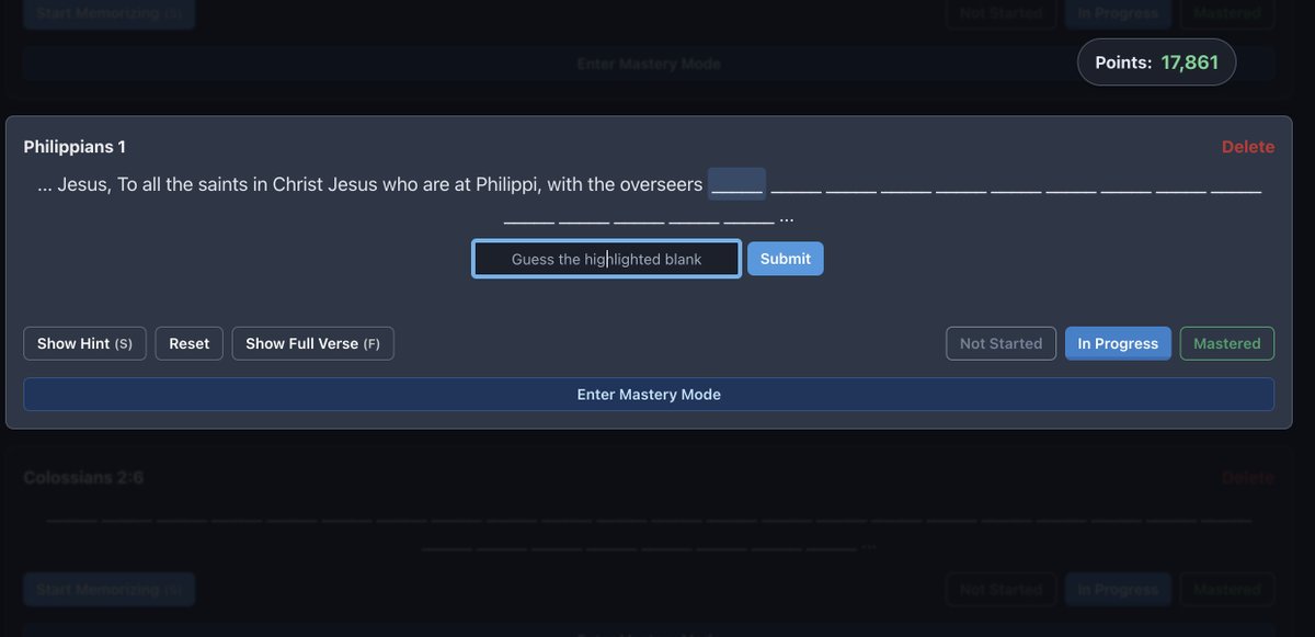 benUNC's tweet image. Kid that added the whole chapter of Ephesians doesn't even know how much he's improved the scripture memory interface for others.
I immediately did the same and noticed that long verses were extremely unwieldy, so I added to the list some truncation and logic to scroll through…