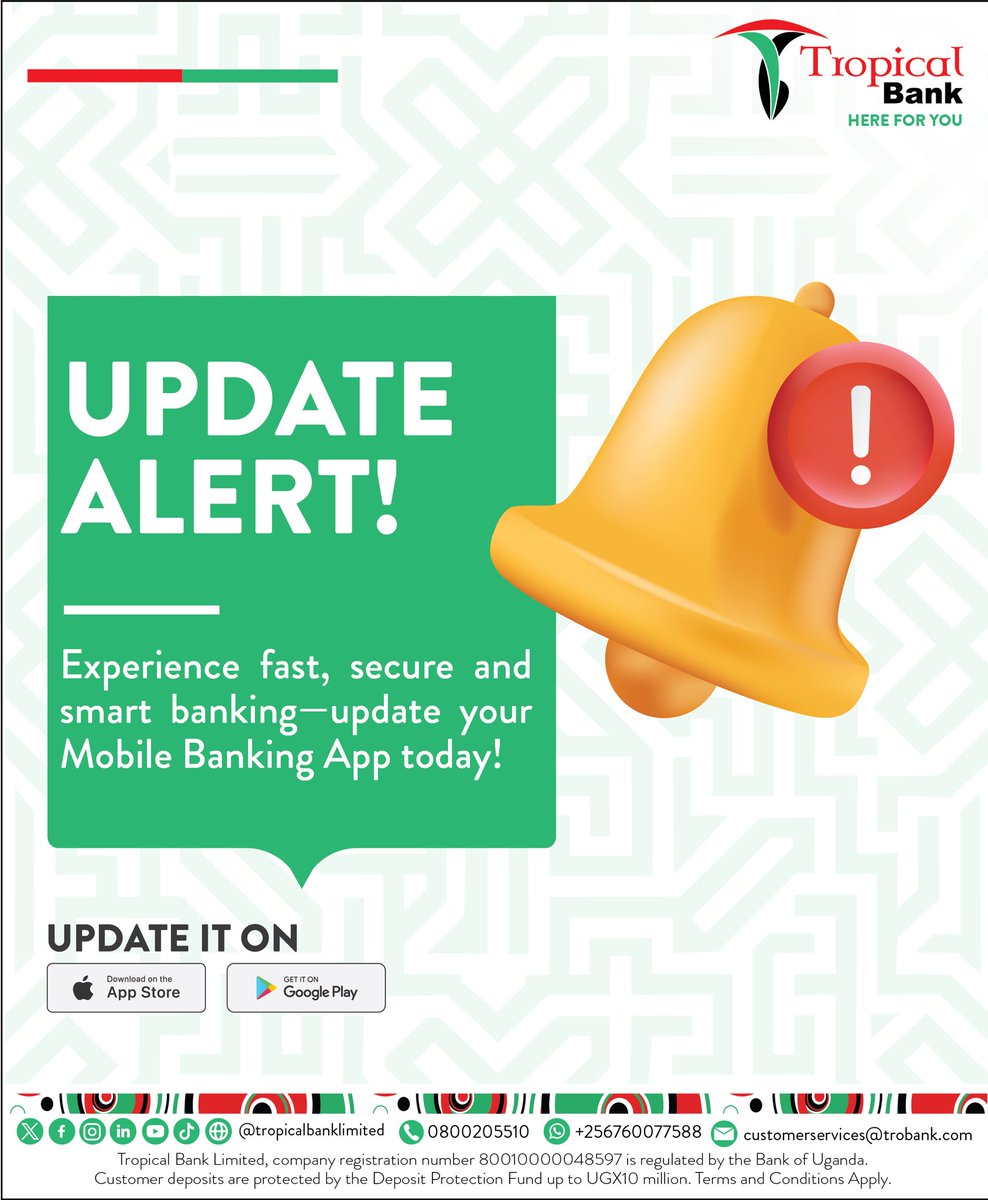 TropicalBankUG's tweet image. Update Alert!
Experience fast, secure and smart banking-Update your Mobile Banking App today!
#HereForYou #TropicalBankMobile