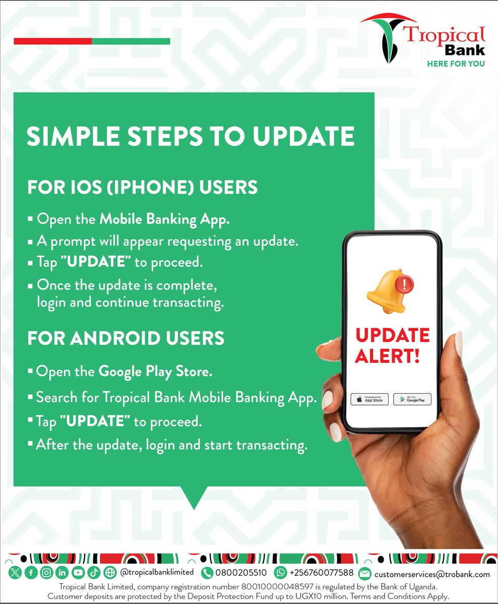 TropicalBankUG's tweet image. Update Alert!
Experience fast, secure and smart banking-Update your Mobile Banking App today!
#HereForYou #TropicalBankMobile