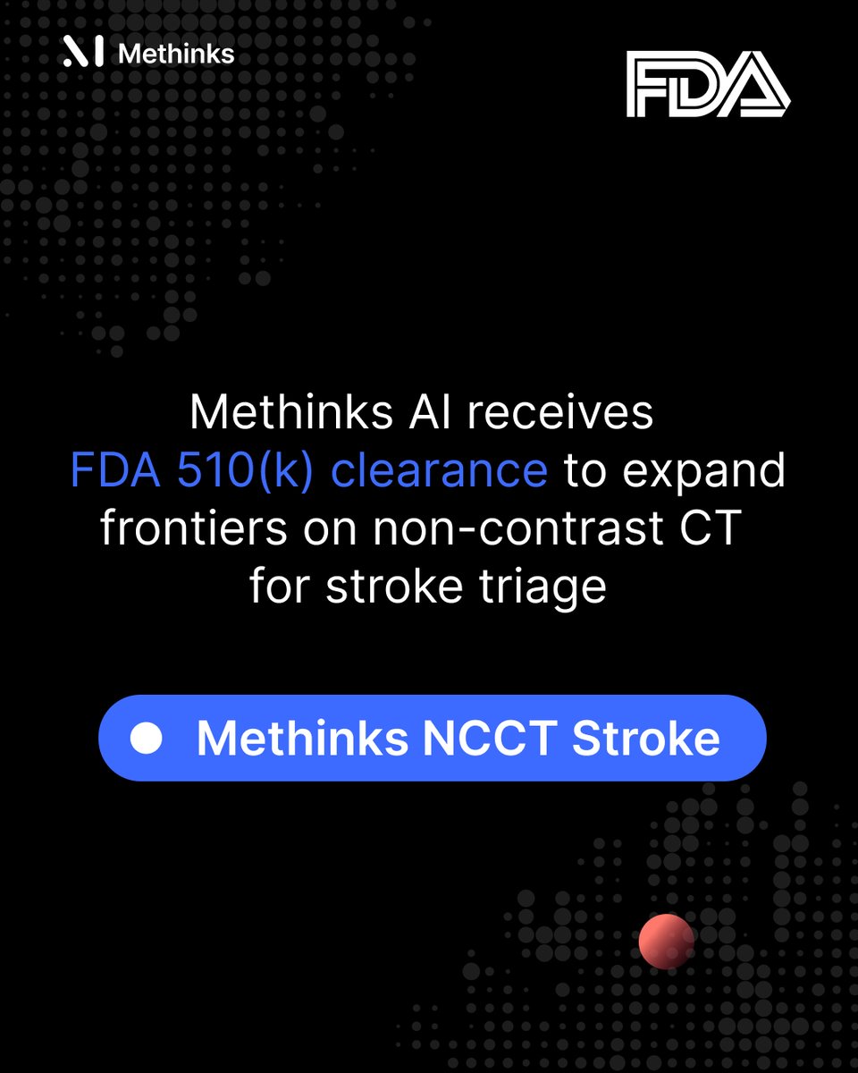Methinks (@methinksai) on Twitter photo 🎉 Big news from #MethinksAI! Our Methinks NCCT Stroke software just received FDA 510(k) clearance — expanding access to life-saving stroke triage in the US using only a NCCT scan.
Read here 👉 healthindustrywatch.com/article/826997…
#FDAclearance #FDA #StrokeCare #DigitalHealth #TimeIsBrain 🎉 Big news from #MethinksAI! Our Methinks NCCT Stroke software just received FDA 510(k) clearance — expanding access to life-saving stroke triage in the US using only a NCCT scan.
Read here 👉 healthindustrywatch.com/article/826997…
#FDAclearance #FDA #StrokeCare #DigitalHealth #TimeIsBrain