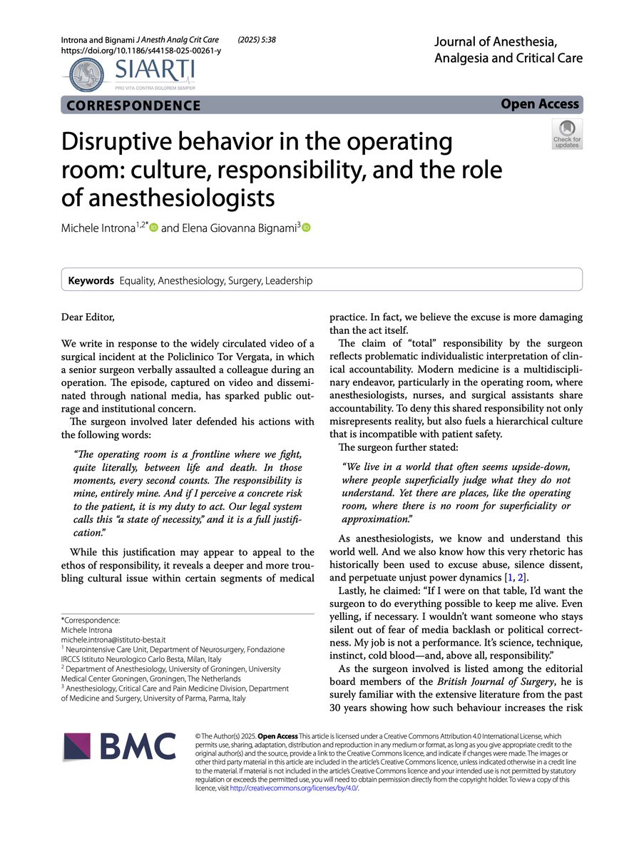 Michele Introna (@michiintrona) on Twitter photo A letter to try and take stock of the current cultural climate in Italy regarding relational well-being in the workplace — and how crucial it is, even for patient safety — following the incident at Tor Vergata.
Thank you, <a href="/ElenaG_Bignami/">Prof. ELENA GIOVANNA BIGNAMI</a> , for all you do for us A letter to try and take stock of the current cultural climate in Italy regarding relational well-being in the workplace — and how crucial it is, even for patient safety — following the incident at Tor Vergata.
Thank you, <a href="/ElenaG_Bignami/">Prof. ELENA GIOVANNA BIGNAMI</a> , for all you do for us