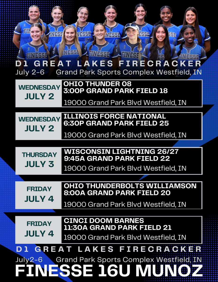 🎆Heading to Westfield, IN tomorrow for the D1 Great Lakes Firecracker Showcase at Grand Park!

Pool play Wednesday/Thursday, then seeded into bracket play Friday!
<a href="/GrandParkSports/">Grand Park Sports Campus</a>
<a href="/d1fastpitch1/">D1 Fastpitch</a> 
<a href="/FinesseOrg/">Finesse Fastpitch</a> 

You can find schedule/brackets and scores on Tourney Machine
