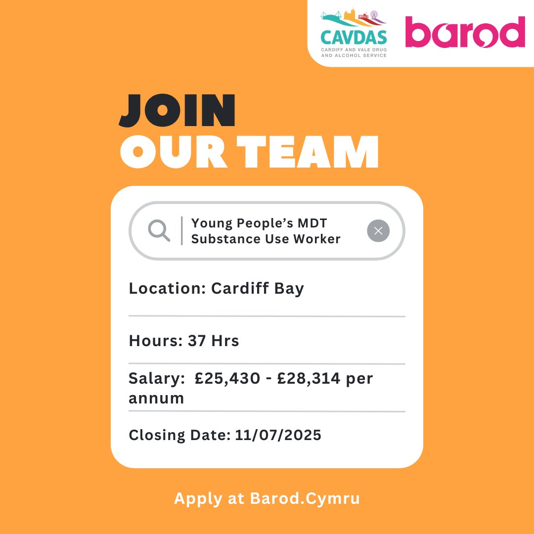 CAVDAS25's tweet image. We're hiring! 💛
Join us as a Young People’s MDT Substance Use Worker, supporting young people.
Apply by July 11th! 💻
#NowHiring #SubstanceUseSupport #HarmReduction #CAVDAS #CommunityCare #JoinOurTeam