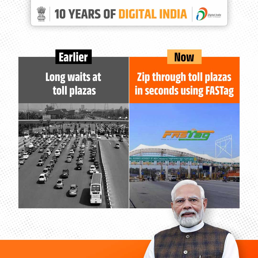 The long wait at toll plazas are over with #10YearsOfDigitalIndia! Now, anyone can zip through them in seconds using FASTag.