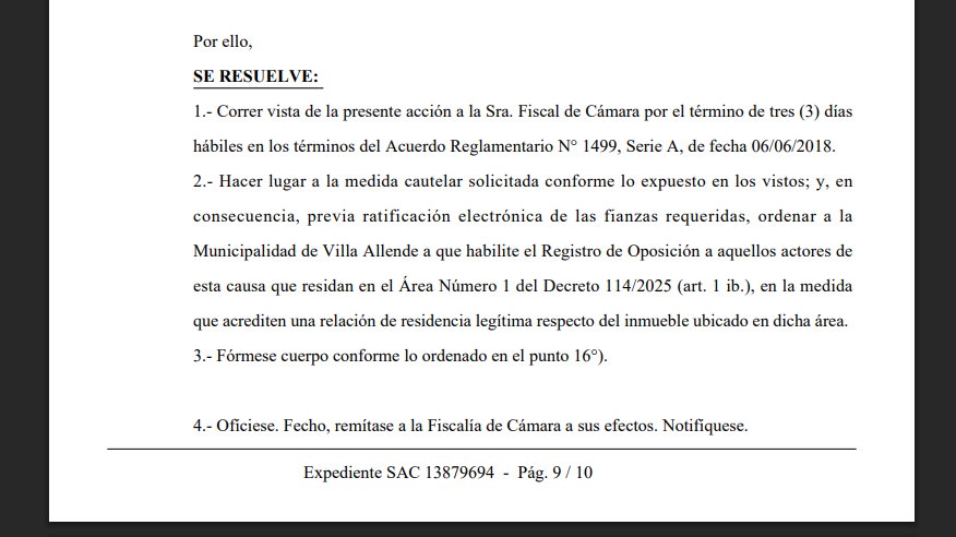 Otro parate en el proyecto de seguridad de Villa Allende: Dieron lugar a la cautelar impulsada por vecinos y concejales opositores e instaron a la Municipalidad a incluir en el Registro de Oposición a residentes,inquilinos.  Un nuevo avance de la lucha de la comunidad organizada