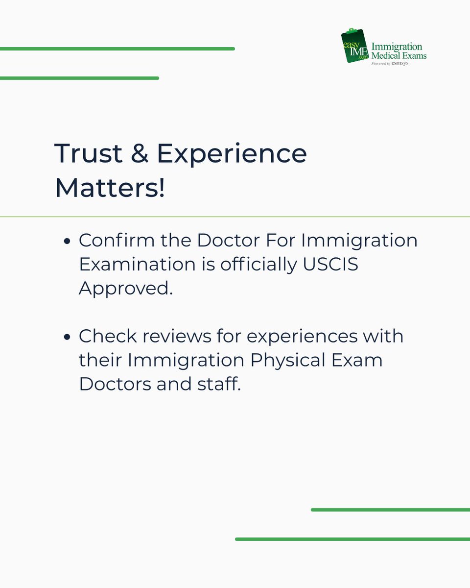 easyIME's tweet image. Navigating Immigration Medical Exam Locations can feel overwhelming. 🤔
Make an informed choice for your Green Card Medical Exam with easyIME!
#ImmigrationClinics #USCISDoctorLocator #MedicalExamCost #ChooseWisely #easyIME #GreenCardExam #FindADoctor