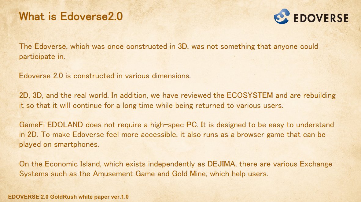 Why Edoverse2.0?
✅ Multi-layer ecosystem
✅ Browser-based, phone-friendly
✅ Earn &amp; burn $ZENI
✅ Built to last

Learn more in our Whitepaper 👇edoverse.org/data/Edoverse2…

#metaverse #metaversenft #GameFi #NFTs #crypto #edoland #japan #edoera #Polygon #dyor #Web3